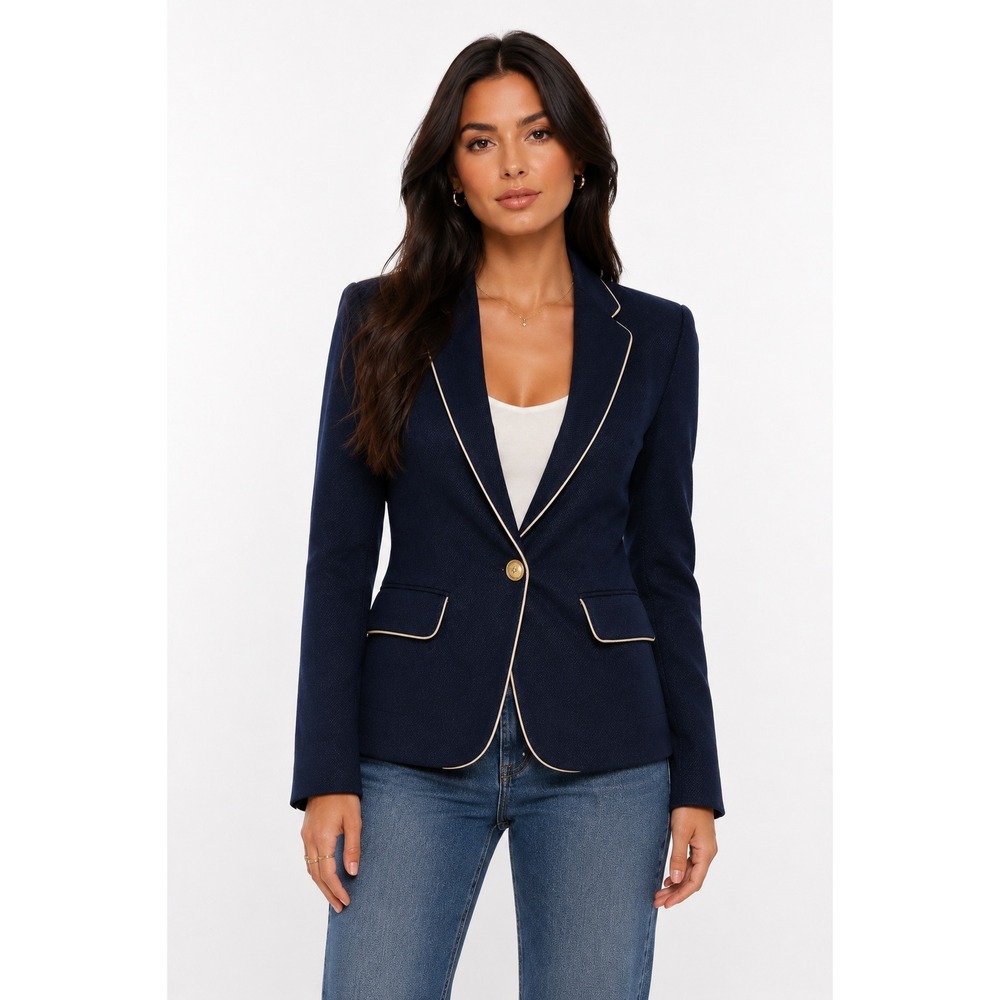 Vero Moda Navy Blue Gold Trim Blazer VMTRINE LS Single Button Crest Jacket Small